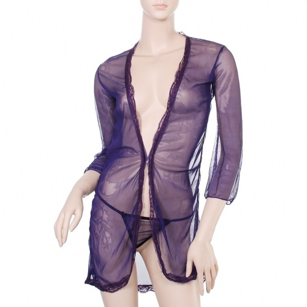Cheap sale Sexy Lace Costume Lingerie Bathrobe Dress + G-String Set - Purple online